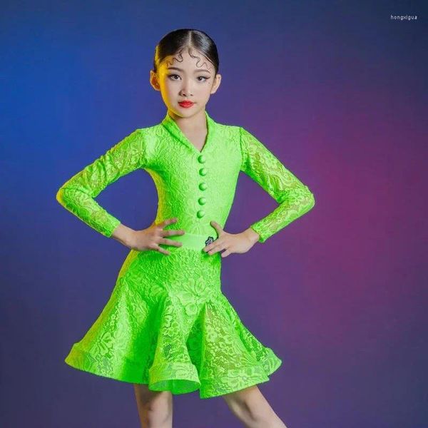 Palco desgaste competição de dança latina vestido meninas saias de renda verde terno chacha rumba tango desempenho traje festa de aniversário presente