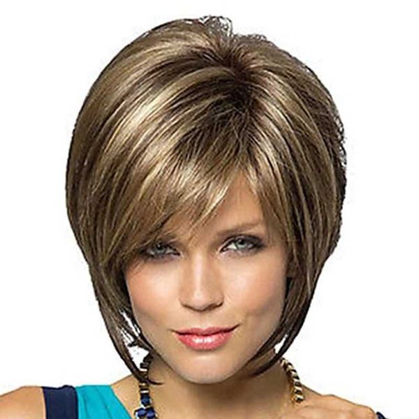 Perucas sintéticas HAIRJOY Mulheres retas franja estilo pixie corte peruca de cabelo sintético marrom misturado perucas curtas feitas à máquina 240328 240327