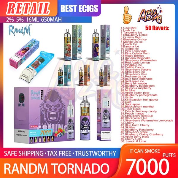 Randm Tornado 7000 Puff monouso Vape Pen 0,8ohm Mesh Coil 16ml Pod preriempito 650mah Batteria ricaricabile E Sigarette Puffs 7K 0% 2% 3% 5% 50 aromi da 10 pezzi