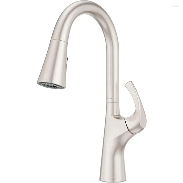 Torneiras de cozinha torneira com pull down pulverizador único punho alto arco ponto defesa acabamento de aço inoxidável