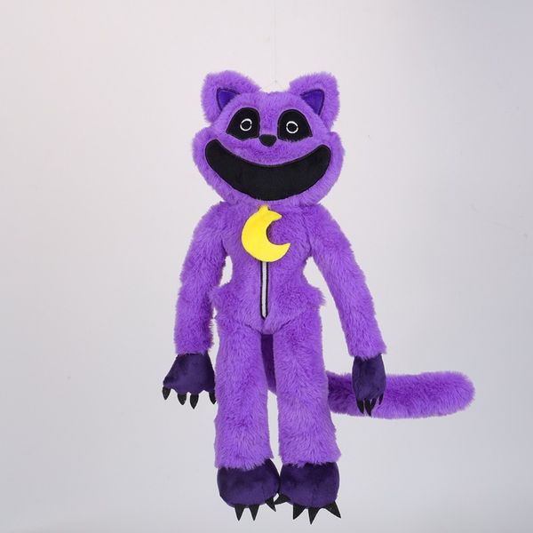 Novas criaturas sorridentes aterrorizantes gato roxo, animal sorridente, monstro de brinquedo de pelúcia, gato de boca grande