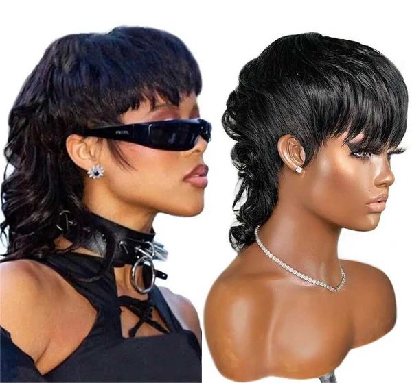 Parrucche sintetiche Parrucche Cosplay Parrucca Mullet Onda corta sciolta Senza colla Senza pizzo Parrucche brasiliane per le donne Indossa e vai Parrucca tagliata a pixie realizzata a macchina con frangia 180 240318