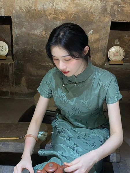 Etnik Giyim Cheongsam Elbise Modern Kadın Bambu Baskı Qipao Uzun Zarif Çin Tarzı Tatlı Yeşil Kadın