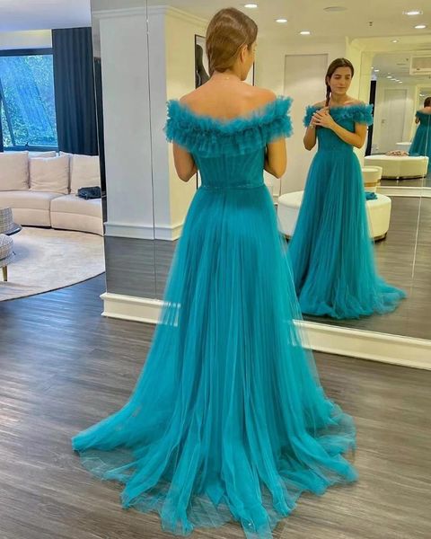 Vestidos de festa macio tule longo elegante bateau pescoço mulheres usam baile zíper volta ruched uma linha casamento noite vestidos formais