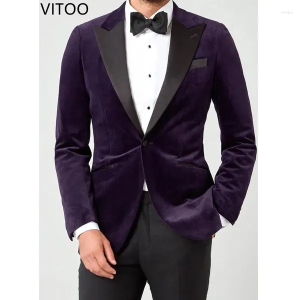 Abiti da uomo 2 pezzi di velluto viola abito casual con pantaloni neri modello slim smoking da sposo smoking moda giacca da ricevimento per cena