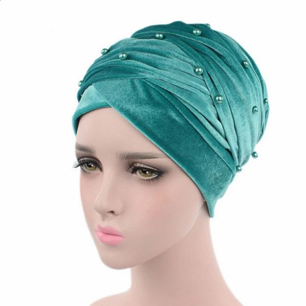 Quente veludo turbante cachecol hijab para mulheres beading lenço bonnet africano indiano chapéu feminino cabeça envolve islâmico headwear 240314