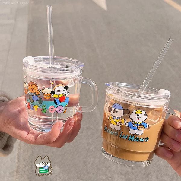 400ml Kawaii Garrafa de Água de Vidro Bonito Caneca de Café Tumbler Portátil Bolha de Leite Chá Copo de Suco de Cerveja com Tampa Palha Drinkware Presente 240314