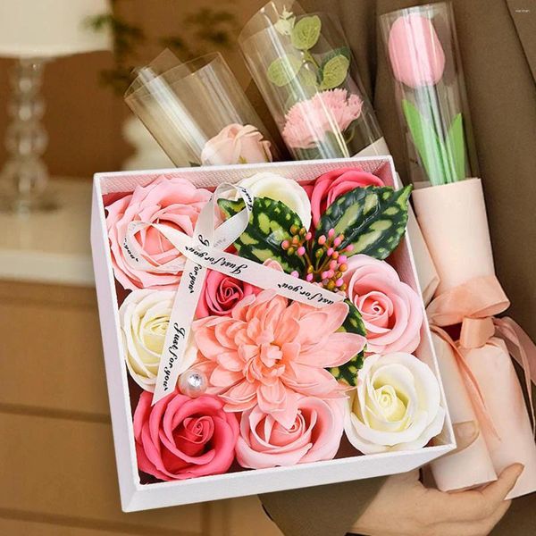 Flores decorativas sabonete flor mesa central perfumada em forma de caixa de presente para membros da família de aniversário