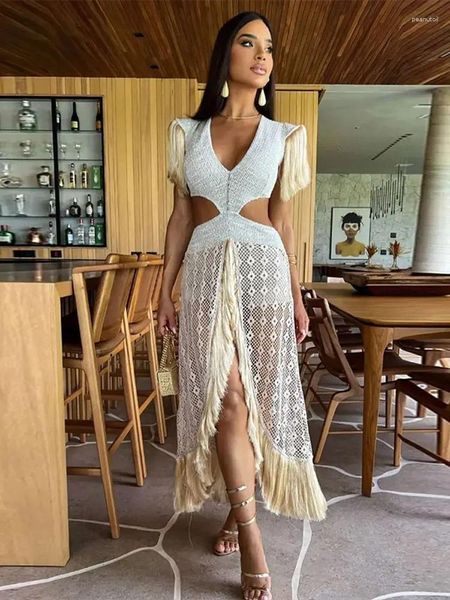 Casual Kleider 2024 Sexy Mesh Tessles Cut Out Split Frau Maxi Kleid O Neck Patchwork V-ausschnitt Ärmellose Elegante Vestido Chic urlaub Dame