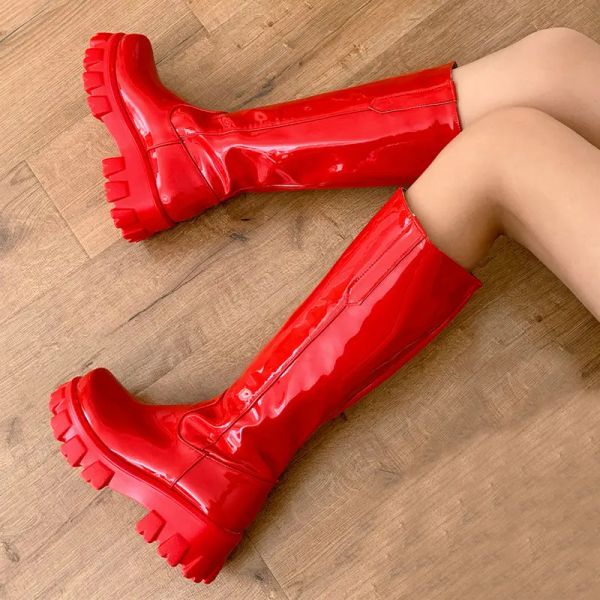 Сапоги зимние женщины ботинки панк -стиль платформы дамы Martin Boots Осенью патентные кожа рыцар