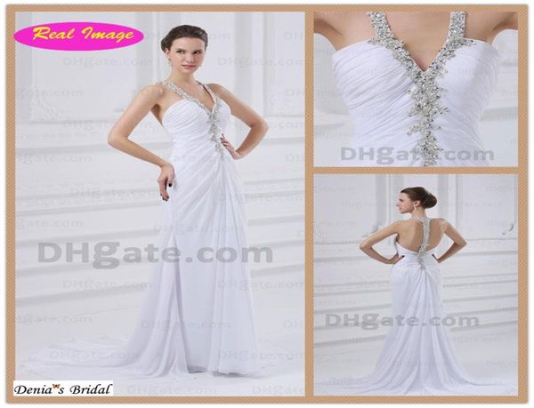 2015 Summer Beach Halter Abiti da sposa In rilievo Applicazioni di pizzo Sweep Train Abiti da sposa in chiffon dhyz 014975648