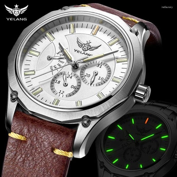 Orologi da polso YELANG Business Leisure Cintura Tipo T100 Orologio al quarzo autoluminoso Flyback a sei pin Doppio movimento del calendario Impermeabile 100 m