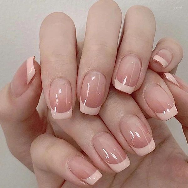 Pregos falsos médio longo quadrado imprensa com linha de sorriso brilhante falso gradiente marrom claro e nude dicas de unhas acrílicas para meninas 24