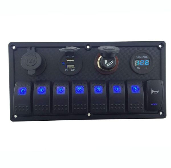 Pannello interruttori a LED blu marino a 8 gruppi con doppio interruttore a clacson per presa accendisigari a LED e voltmetro USB 42A7641536