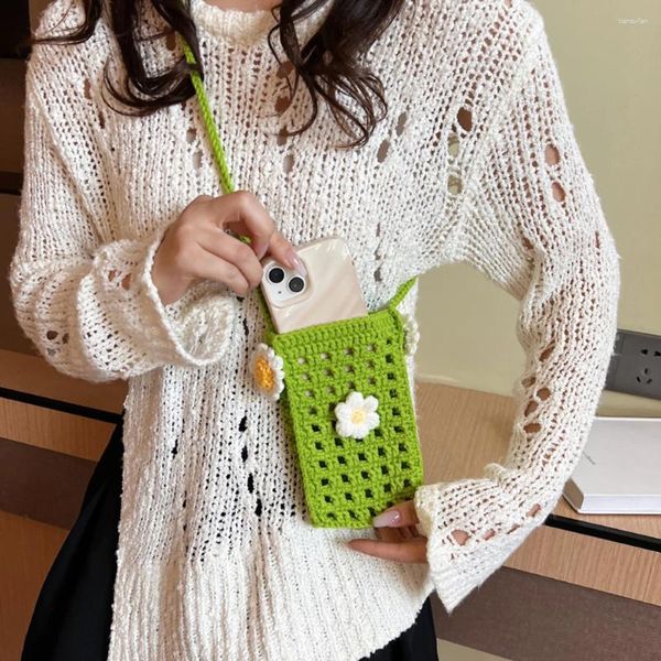 Borse a tracolla Borse da donna piccole per telefono con fiori Mini borsa quotidiana scavata fatta a mano per ragazze femminili