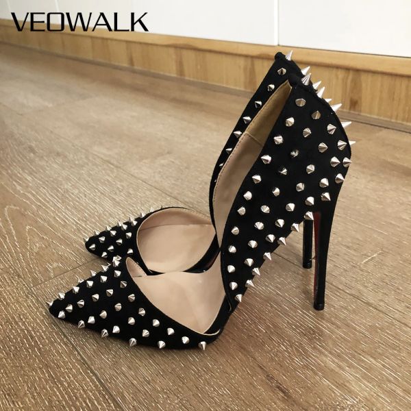 Botas Veowalk Full Spikes Rivets Mulheres reúnem sexy d'orsay dedo pontudo