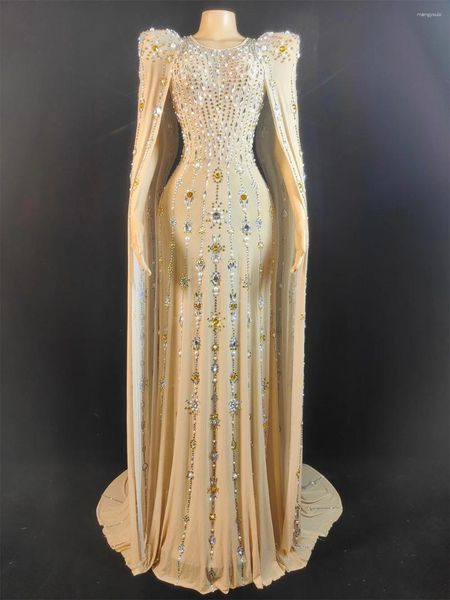 Сценическая одежда, блестящее серебряное зеркало со стразами, эластичное длинное платье из ткани, женское длинное платье на день рождения, празднование танцора, вечерние шоу, Dpj