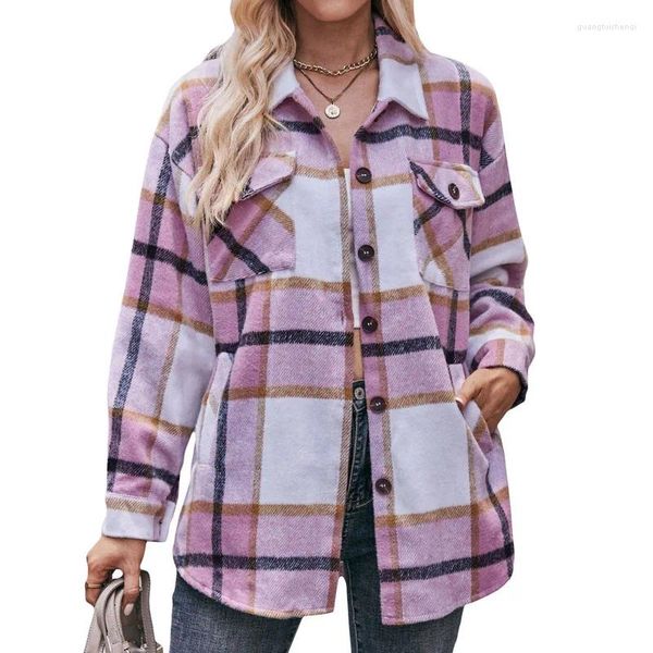 Camicette da donna Camicie a righe da donna Abiti primaverili autunnali Cappotto Manica lunga Risvolto Camicia scozzese abbottonata con tasche Abbigliamento femminile