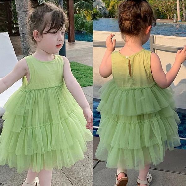 Vestidos de menina verão criança boutique outfits coreano moda renda malha sem mangas princesa praia vestido de bebê crianças roupas BC2361-1