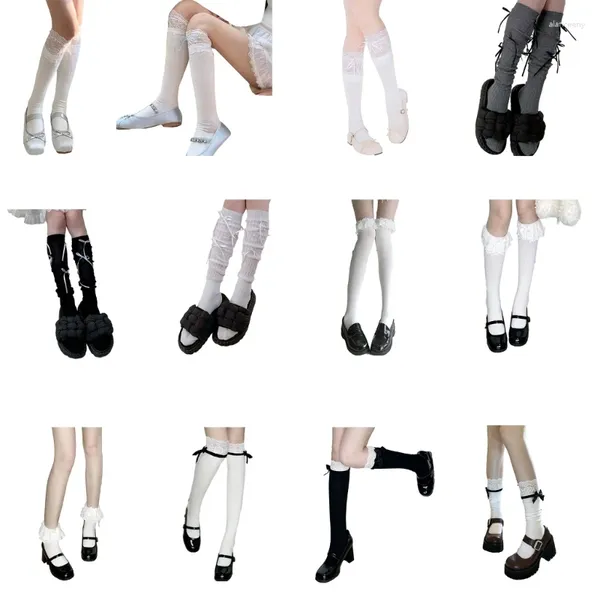 Женские носки с рюшами и бантами для девочек, хлопковые гольфы до колена, уличная одежда