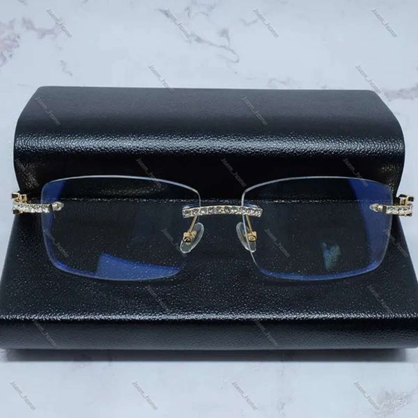 Luxo Rhinestone Cartirr Óculos Diamante Corte para Homem Quadrado Madeira Buffalo Chifre Diamante Carter Iced Out Óculos Moda Mens Rimless Buffs Carrinho Sunglass 124