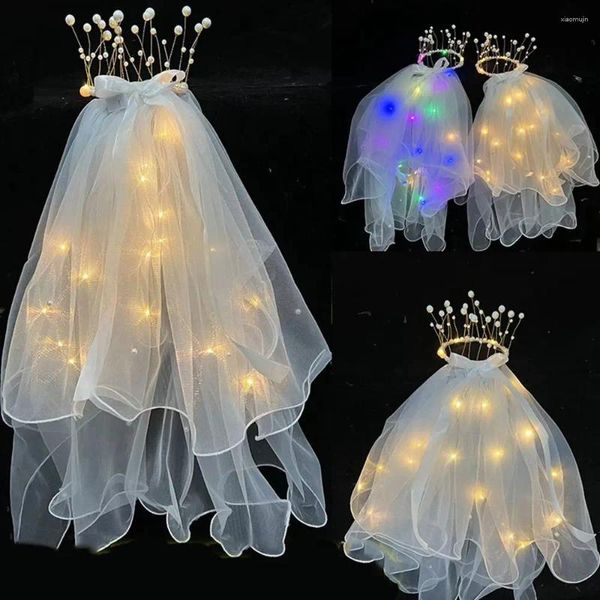 Haarschmuck Mesh Clip Mode Haarnadel Braut Schleife Schleier Perle LED Licht Braut Hochzeit Krone Koreanische Kopfbedeckung