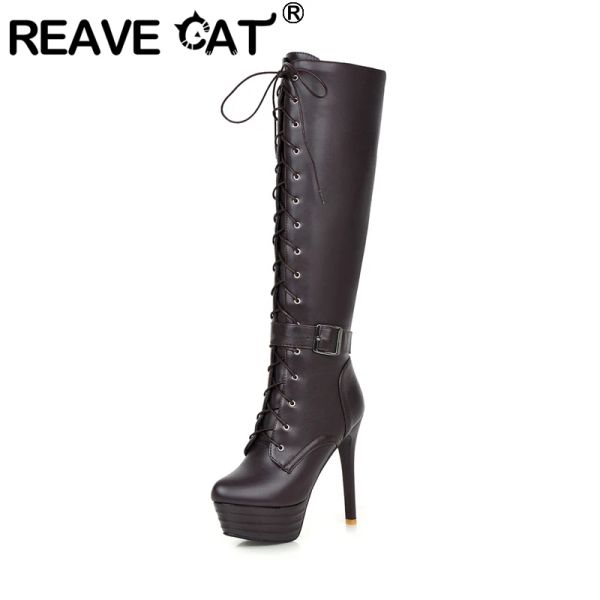 Botlar kedi kış bayanlar diz yüksek bot kemer tokası yuvarlak ayak parmağı dantel yukarı 13cm platformlar zip stiletto topuk ayakkabıları us14 beyaz A4207