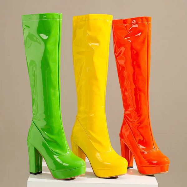 Botas PU Patente Couro laranja amarelo verde bombas sexy mais tamanho 3248 13 plataforma ocidental Bloco de saltos altos joelhos botas altas altas
