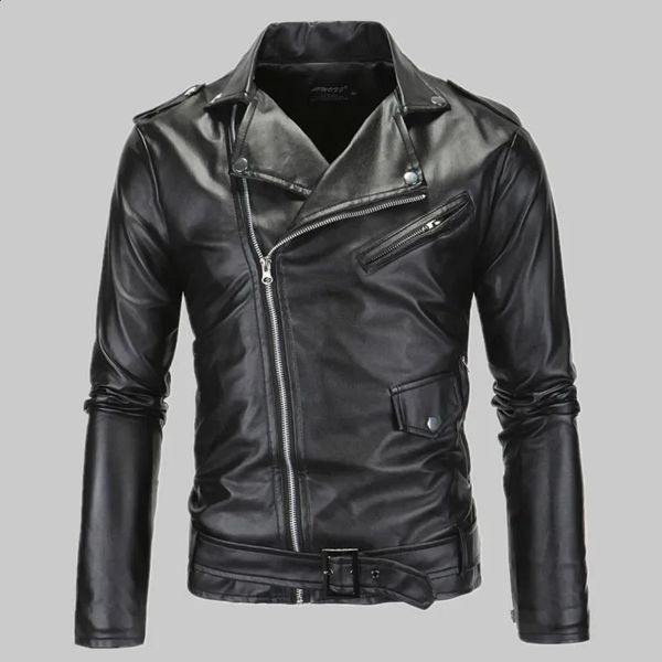 Herren Lederjacken Weiß Schwarz Lässiges Revers Slim Fit Diagonaler Reißverschluss Motorrad PU Lederjacke Mantel Herrenbekleidung 240315