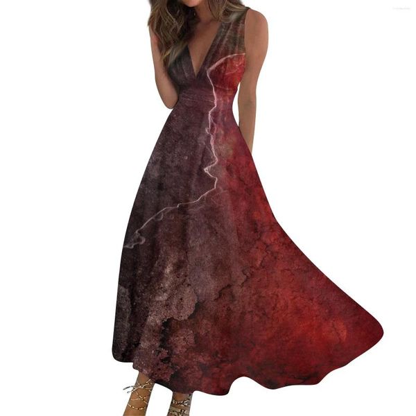 Freizeitkleider Damen Langes Kleid Maxi Swing A-Linie Mode Streetwear Outdoor Datumsdruck Ärmellos V-Ausschnitt