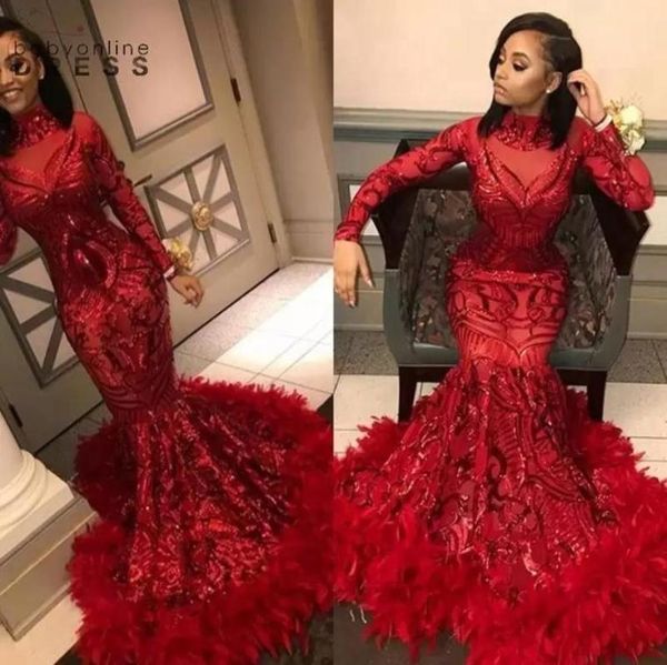 2022 africano menina negra brilhante vermelho sereia vestidos de baile lantejoulas com penas manga longa vestidos de noite formal vestido de festa cust2018515