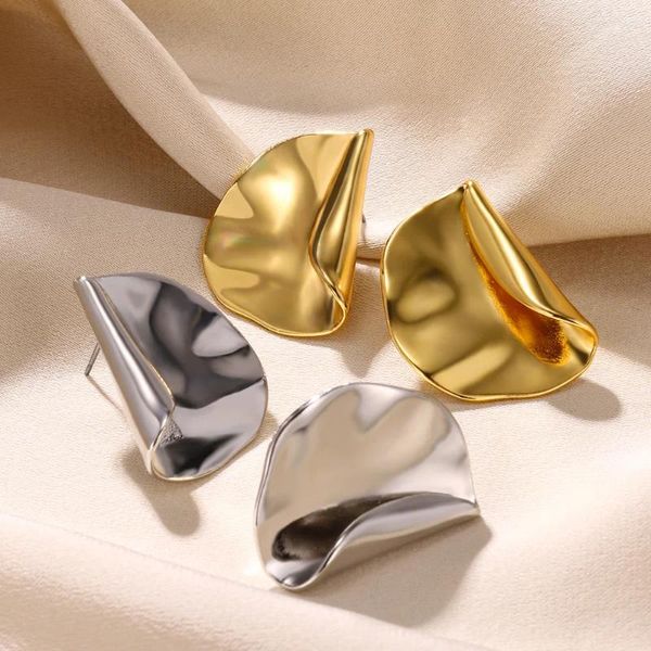 Orecchini a bottone moda grande disco piegato per le donne Regali di gioielli alla moda geometrici irregolari in acciaio inossidabile color oro