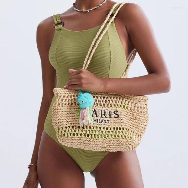 Borse a tracolla da donna in paglia cava moda con coulisse Lettere Borse in carta tessuta Borsa da spiaggia estiva casual Borsa fatta a mano a Bali 2024