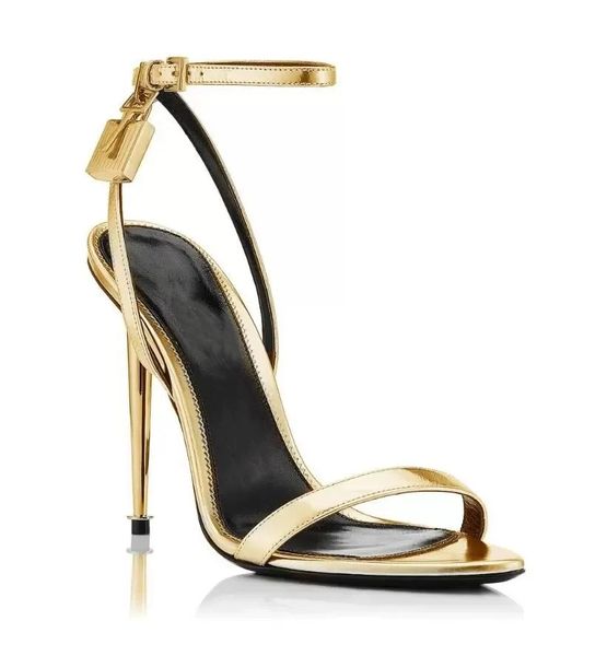 Luxusmodemarke Frau Sandal Queen Schuhe Vorhängeschloss Metallic Ledersandalen spitze Zehen nackte High Heel Sandalen Luxus Designer Tom Fords High Heel Schuh