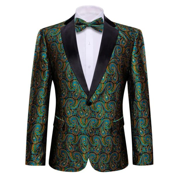 Jacken Designer Herren Anzüge grün Gold Paisley Silk Blazer Bowtie Set Slim Fit männliche Jacke Mantel Hochzeitskleid Barry.