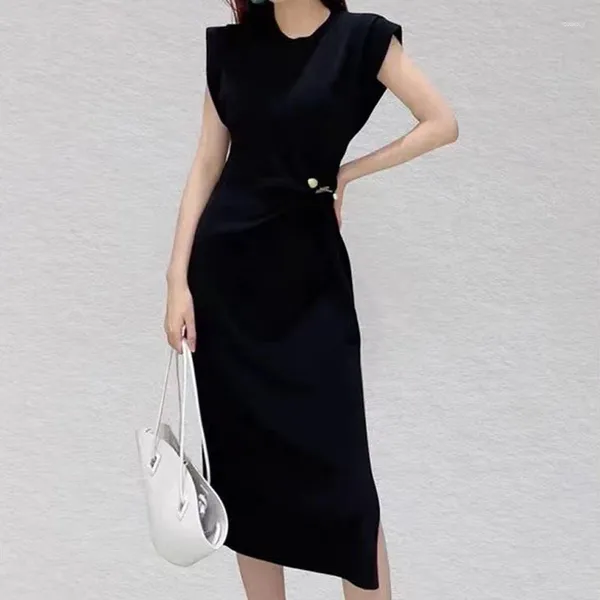 Casual Kleider Frauen Offenbaren Taille Ärmellose Mode Pin-verziert Oansatz Gestrickte Mini Kleid Elegante Dame Vestidos Sommer 2024