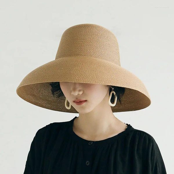 Шляпы с широкими полями ручной работы, женская летняя шляпа от солнца с большим карнизом, пляжная кепка в стиле Хепберн, праздничная складная рыбацкая кепка