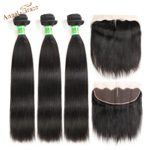 Fechamento anjo graça cabelo indiano cabelo reto 3 pacotes com orelha a orelha frontal 100% remy cabelo humano pacotes com fechamento de renda frontal