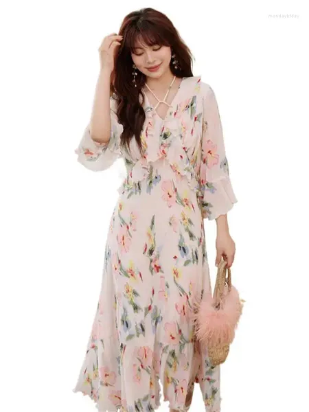 Abiti casual Primavera Chiffon Da ragazza con scollo a V Abito lungo Collana Cravatta Balze dolci Fresco romantico Stampato Temperamento delicato Abiti accoglienti