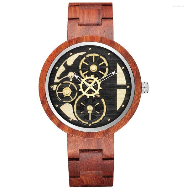 Orologi da polso Orologi al quarzo antichi Orologio da parete creativo da uomo Orologio da polso in legno Quadrante con decorazione ad ingranaggi unici Relogio Masculino Scatola di moda