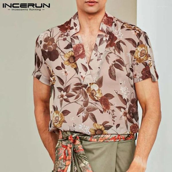 Camisas casuais masculinas Incerun camisa masculina flor impressa v pescoço 2024 manga curta malha ver através de streetwear camisas roupas soltas S-5XL