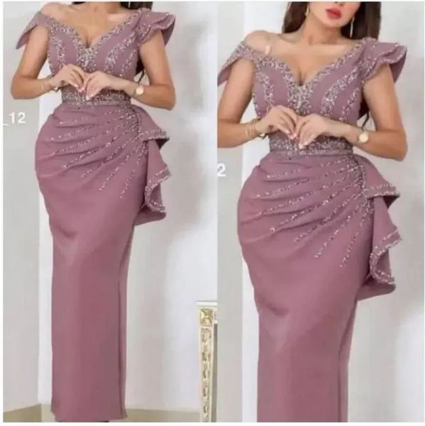 Straight V Neck Kleider Langes Kaftanparty Kristalle Perlen Abendkleider Vestidos Formale Dubai Kleid BC Estidos