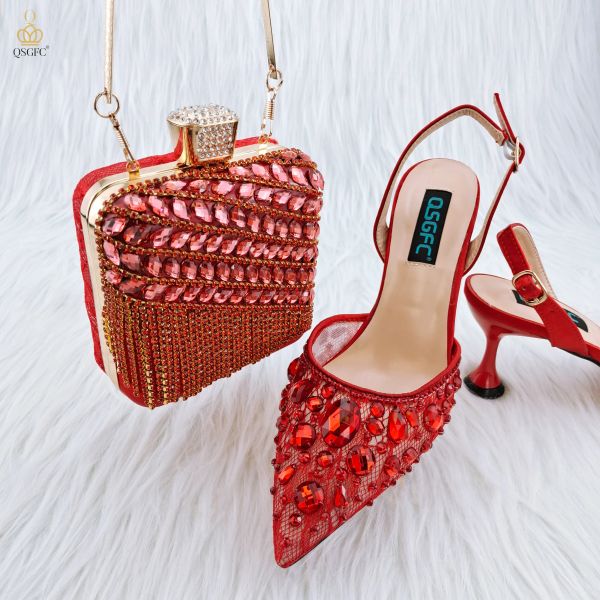 Pompe QSGFC 2023 Nigeria Fashion Lace Mini borsa e scarpe di lusso di punta di punta a goccia per Lady Party