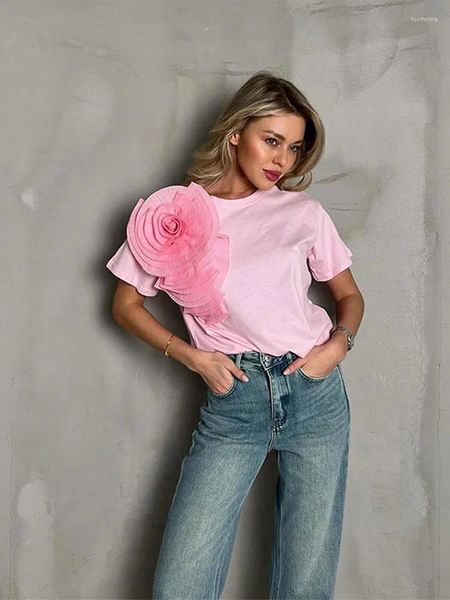 T-shirt da donna Primavera Elegante 3d Pieghettato Fiore Camicia Donna Moda Solid Girocollo Manica corta Top 2024 Estate Casual Ufficio