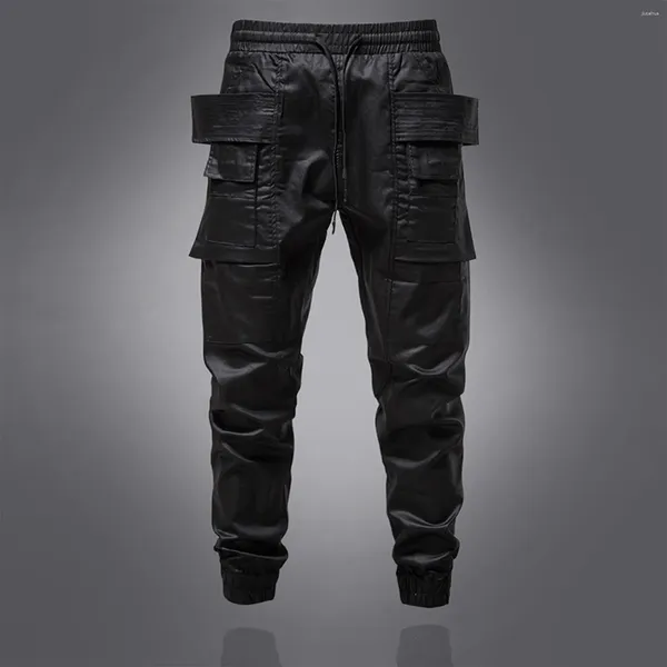 Мужские брюки, мужские модные повседневные спортивные брюки из искусственной кожи с длинными карманами, уличная тонкая уличная одежда, Ropa Hombre