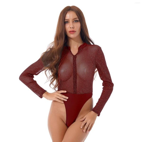 Mulheres Swimwear Mulheres Brilhantes Ver Através de Malha Leotard Manga Longa Stand Collar Front Zip-Up High Cut Bodysuit para Natação Banheira Piscina