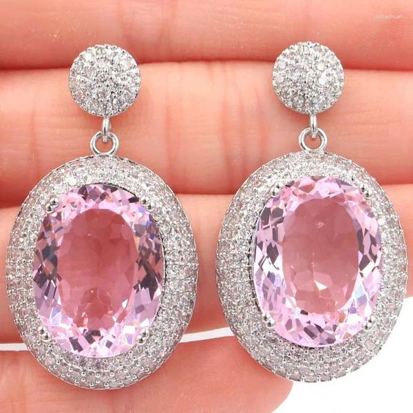 Saplama küpeleri 40x22mm büyük oval değerli taş 16.7g Zengin Mavi Menekşe Tanzanit Pembe Kunzite Beyaz CZ Günlük aşınma için gümüş