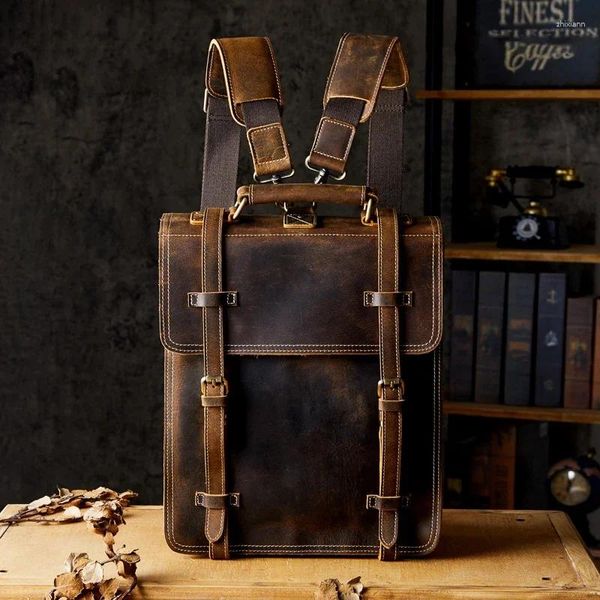 Mochila artesanal estilo inglaterra bolsa de ombro de couro de cavalo louco vintage versátil genuíno crossbody casual para homens