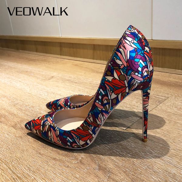 Сапоги Veowalk Art Painting Printed Женщины заостренные пальцы глянцевые насосы Stiletto Sexy 8 см 10 см 12 см высотой каблуки платье для вечеринки знаменитость обувь