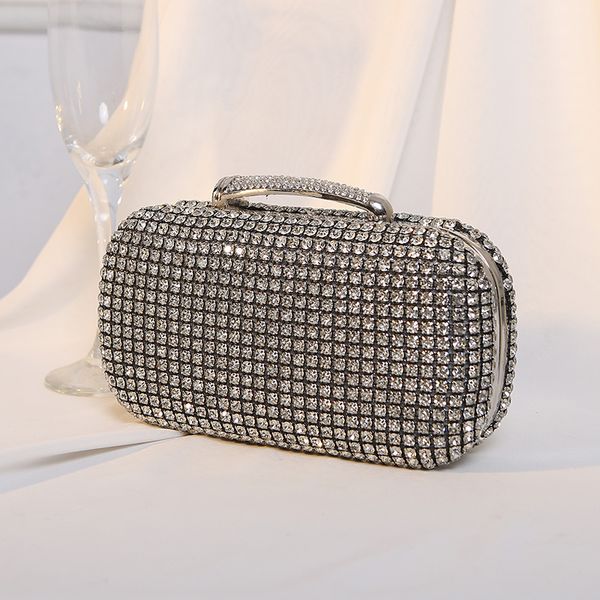 Heiße neue, mit Diamanten besetzte Dinner-Taschen, Prominente, Partykleid, handgefertigte Diamant-Handtaschen, glänzende Clutch-Taschen, Goldketten, oberer Griff, Kristall-Abendhandtasche in Silber